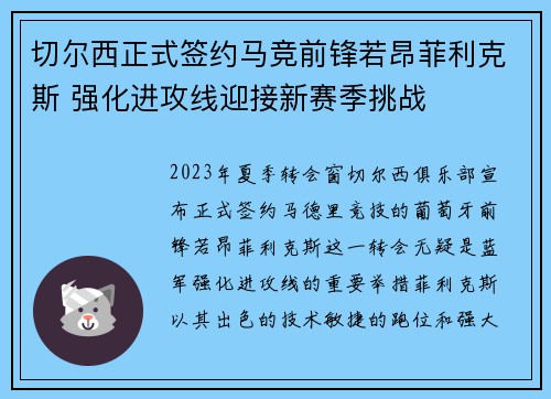 切尔西正式签约马竞前锋若昂菲利克斯 强化进攻线迎接新赛季挑战